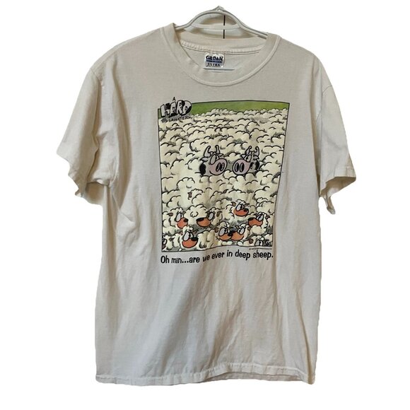 Vintage Tops - Vintage 1997 Herd of Laughter Deep Sheep T-shirt Womens L 90s Funny Novelty Tee